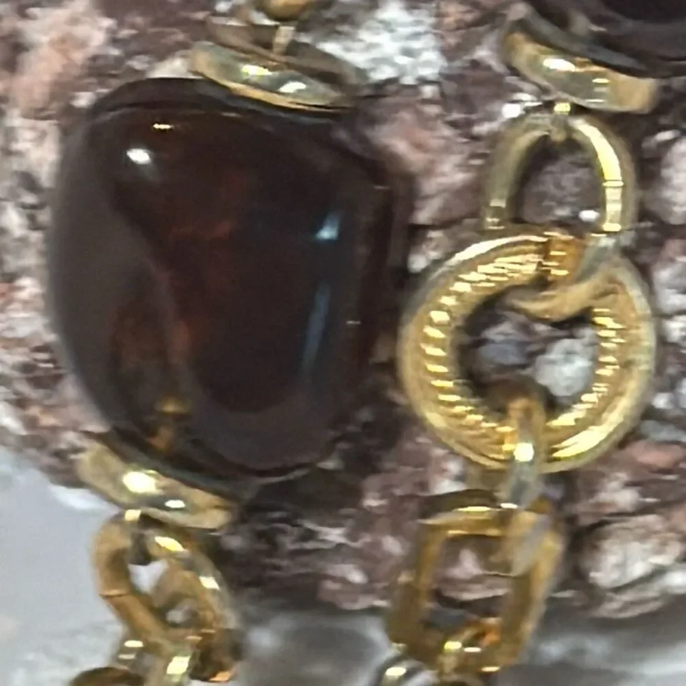 Vintage Gold Tone Long Chunky Chain Necklace With‎ Faux Amber Beads 30”
